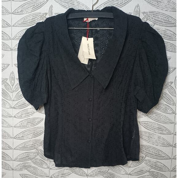 Solitaire Eyelet Button Front Blouse Collared Black Vintage Inspire Handmade New - Picture 2 of 7